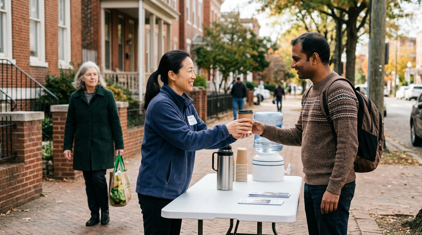 A smiling volunteer serving coffee in a paper cup to a passerby at a white folding table