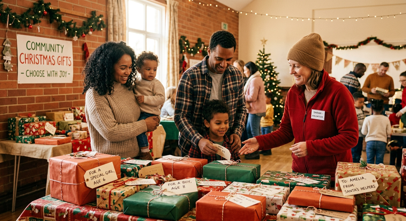 Families choosing free gifts at the Light the Night Boutique