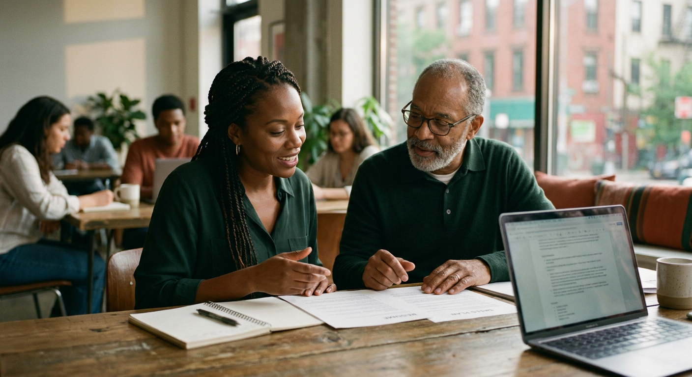 A mentor helping an adult learner review a resume and skills plan