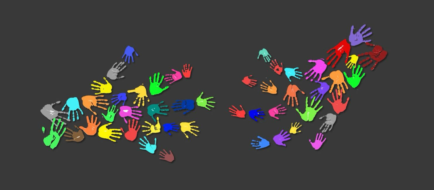 REACH-OUT OUT-REACH logo made of colorful painted handprints